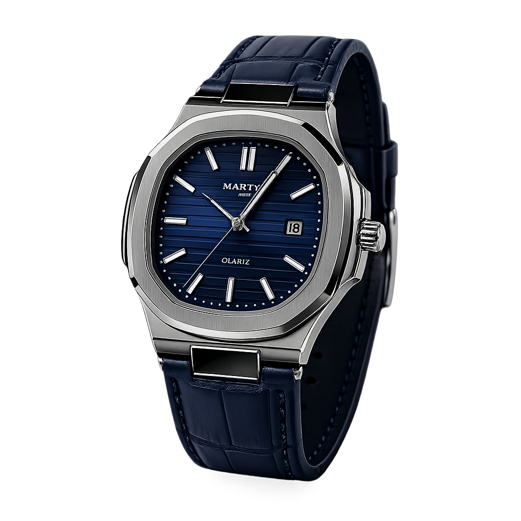 Blue Dial Men's Quartz Leather Strap Watch – Silver Stainless Steel Case