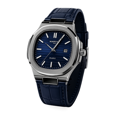 Blue Dial Men's Quartz Leather Strap Watch – Silver Stainless Steel Case