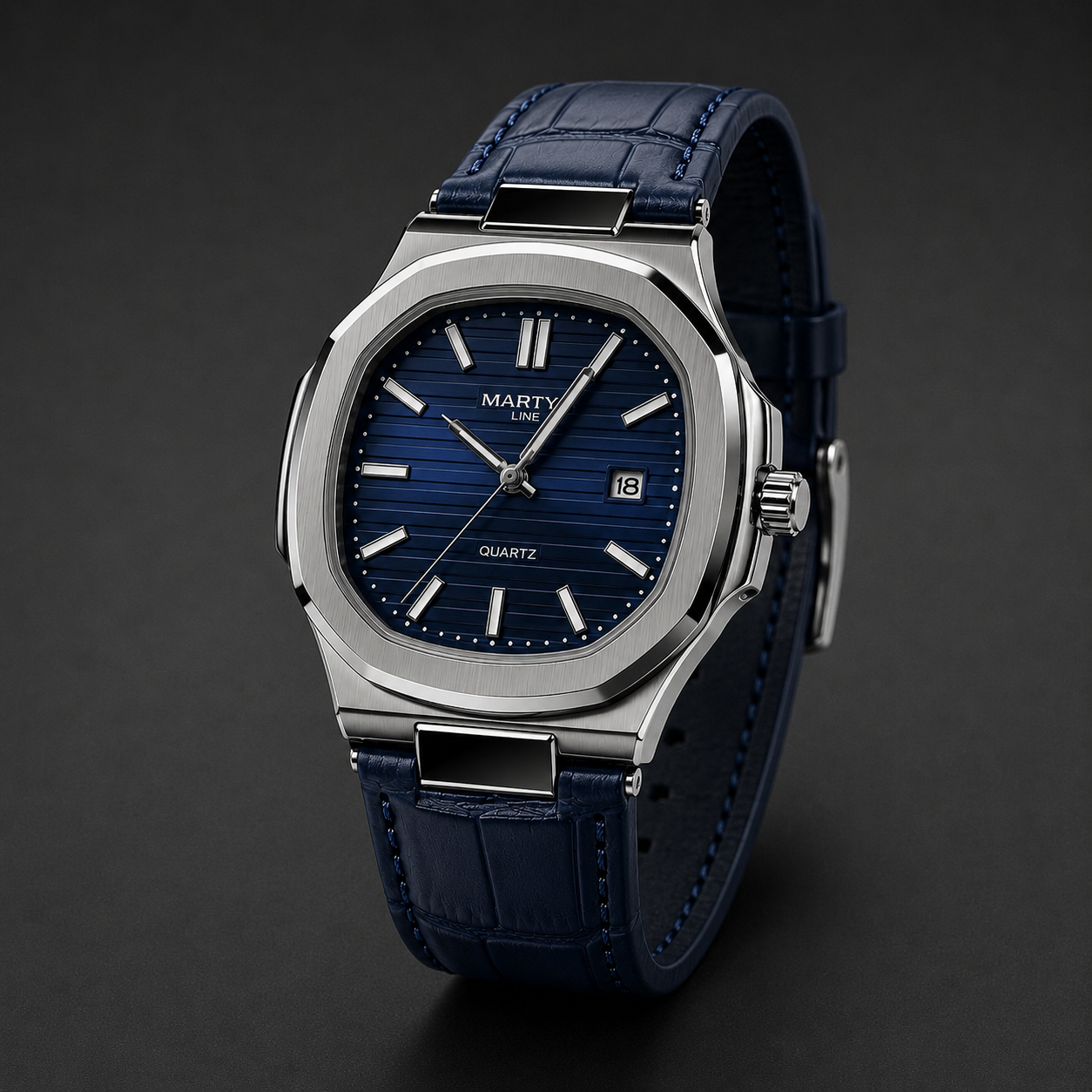 Blue Dial Men's Quartz Leather Strap Watch – Silver Stainless Steel Case