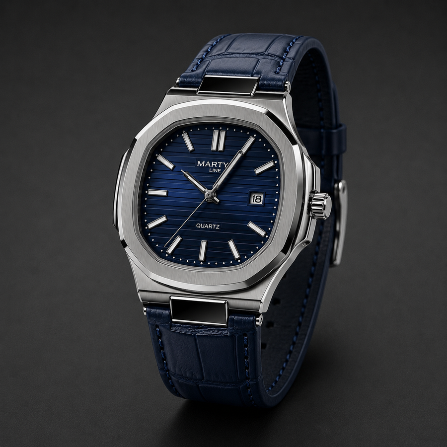 Blue Dial Men's Quartz Leather Strap Watch – Silver Stainless Steel Case