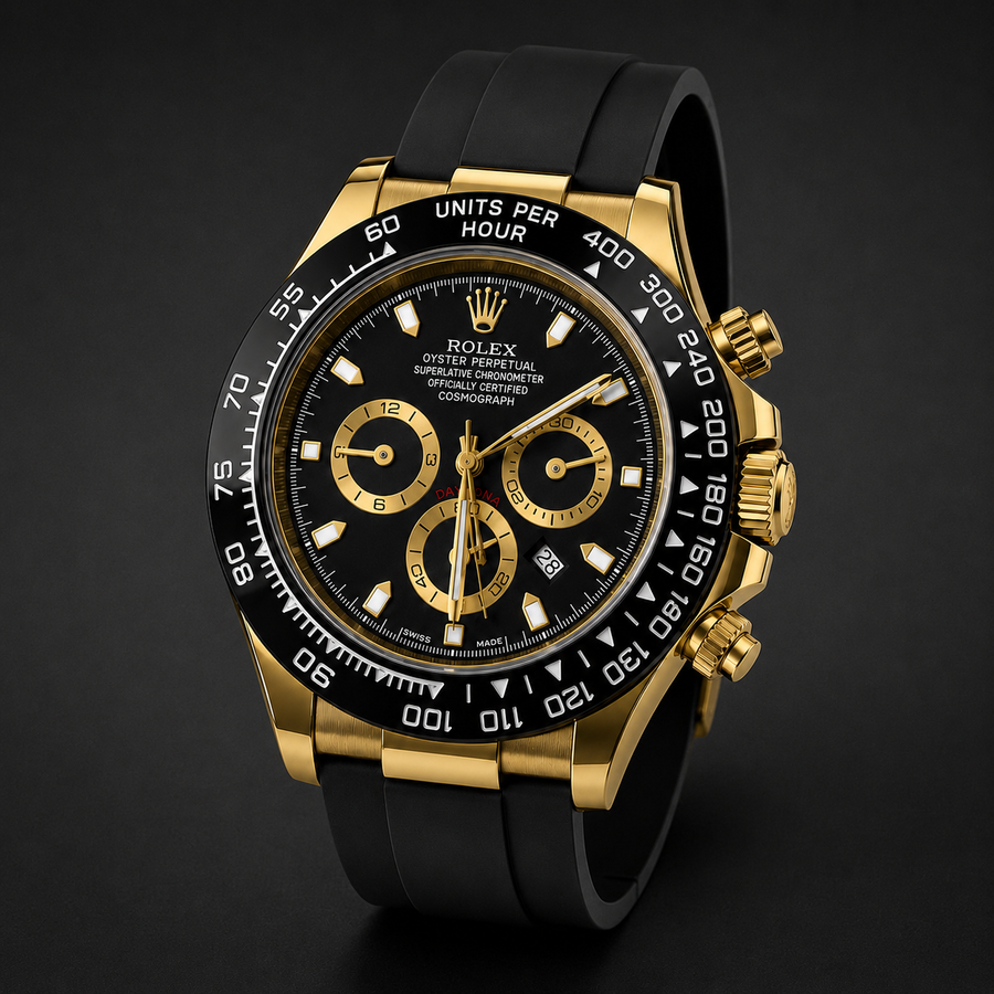 Luxury Gold Black Chronograph Men's Watch with Silicone Strap & Premium Gift Box