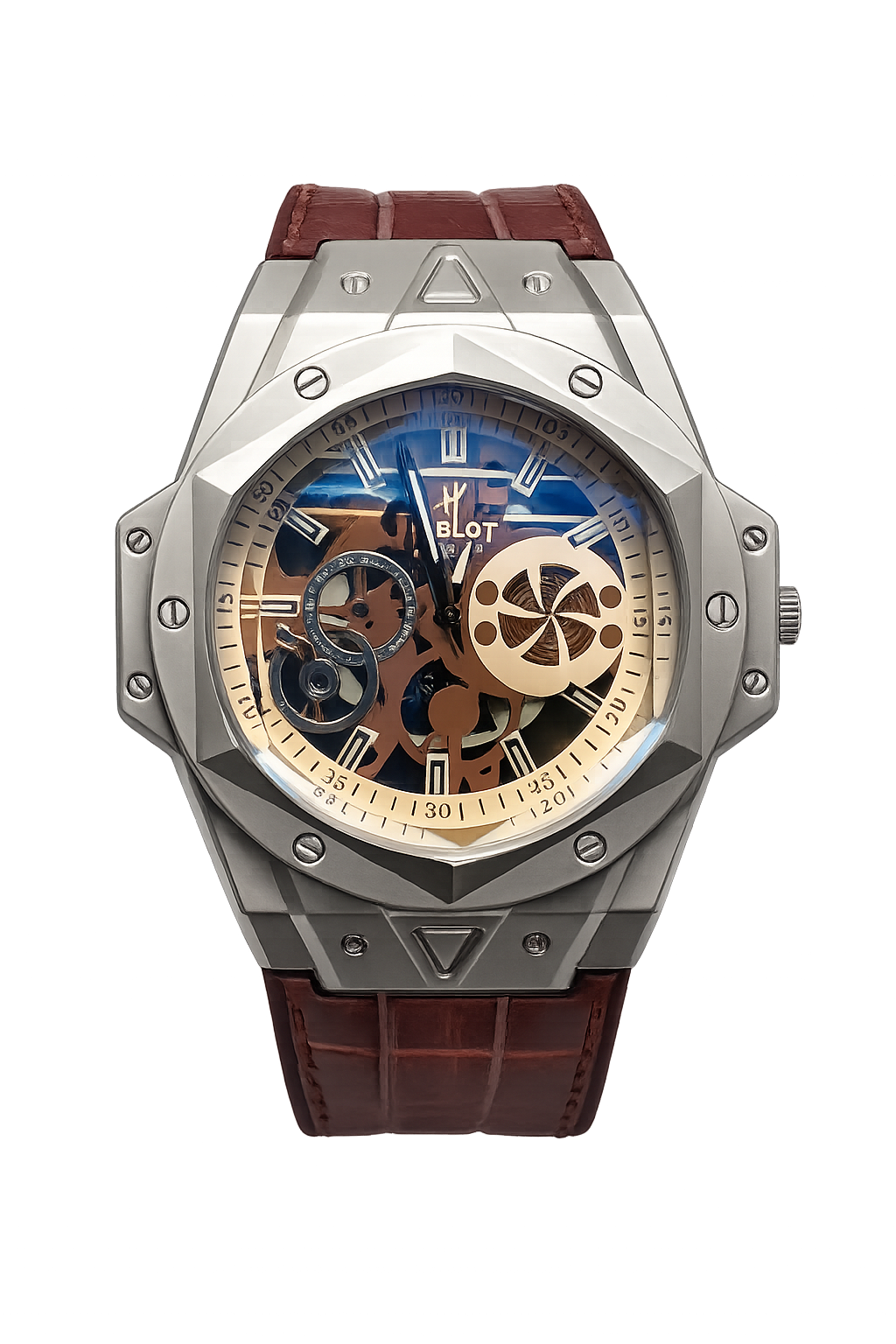 Men's Modern Skeletonized Watch Brown Strap 6mm