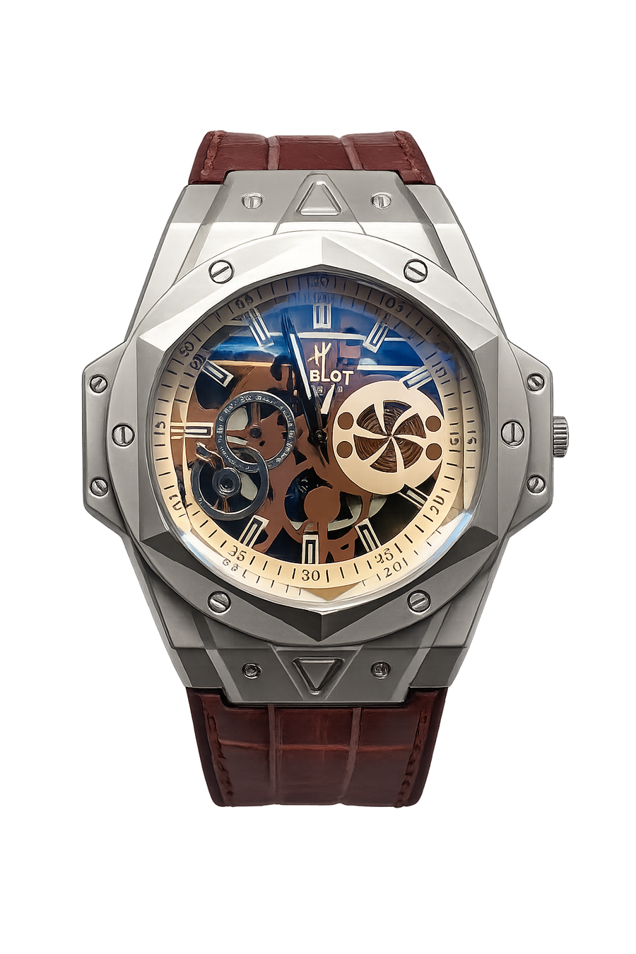 Men's Modern Skeletonized Watch Brown Strap 6mm