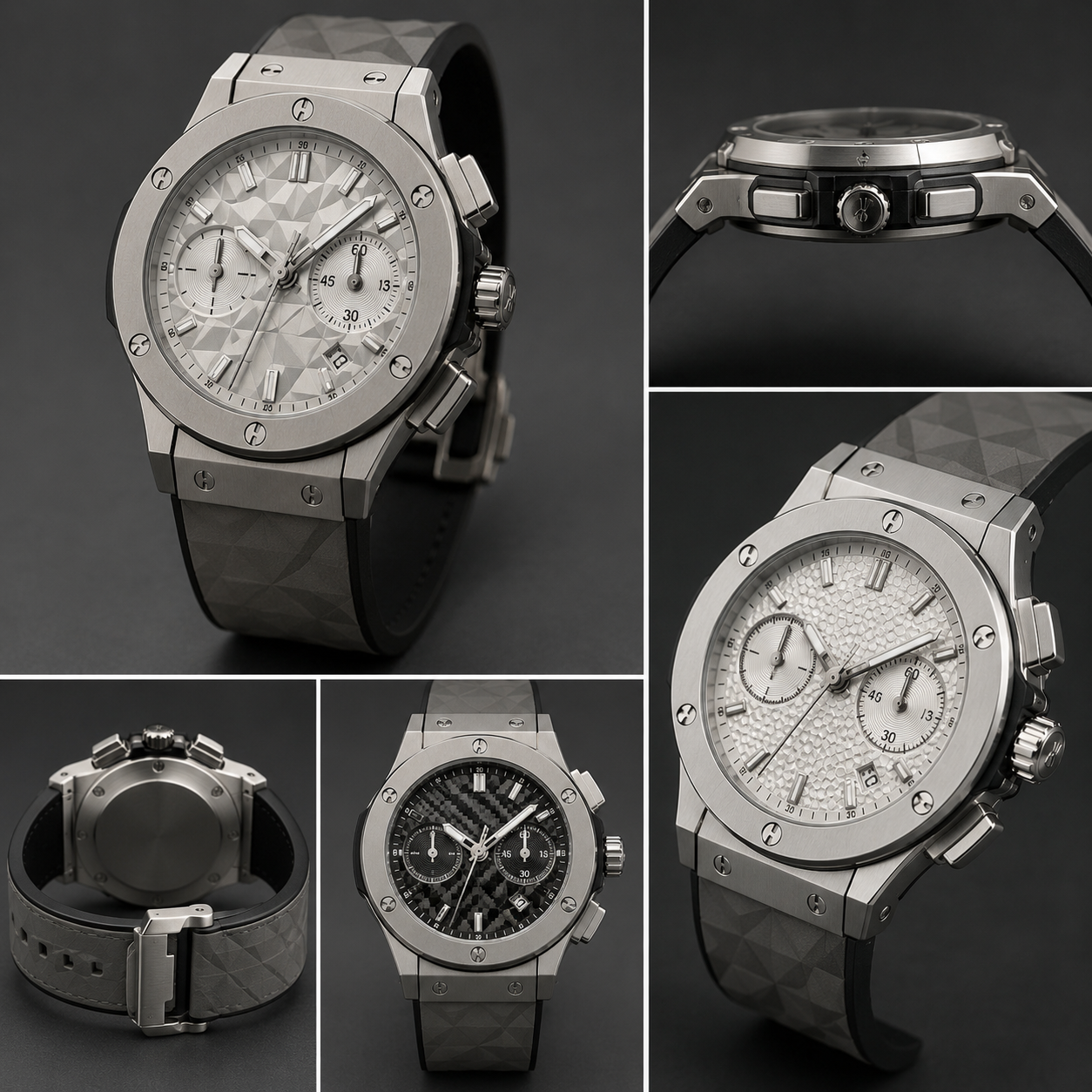 Classic Silver Chronograph Watch – White Textured Dial & Grey Rubber Strap