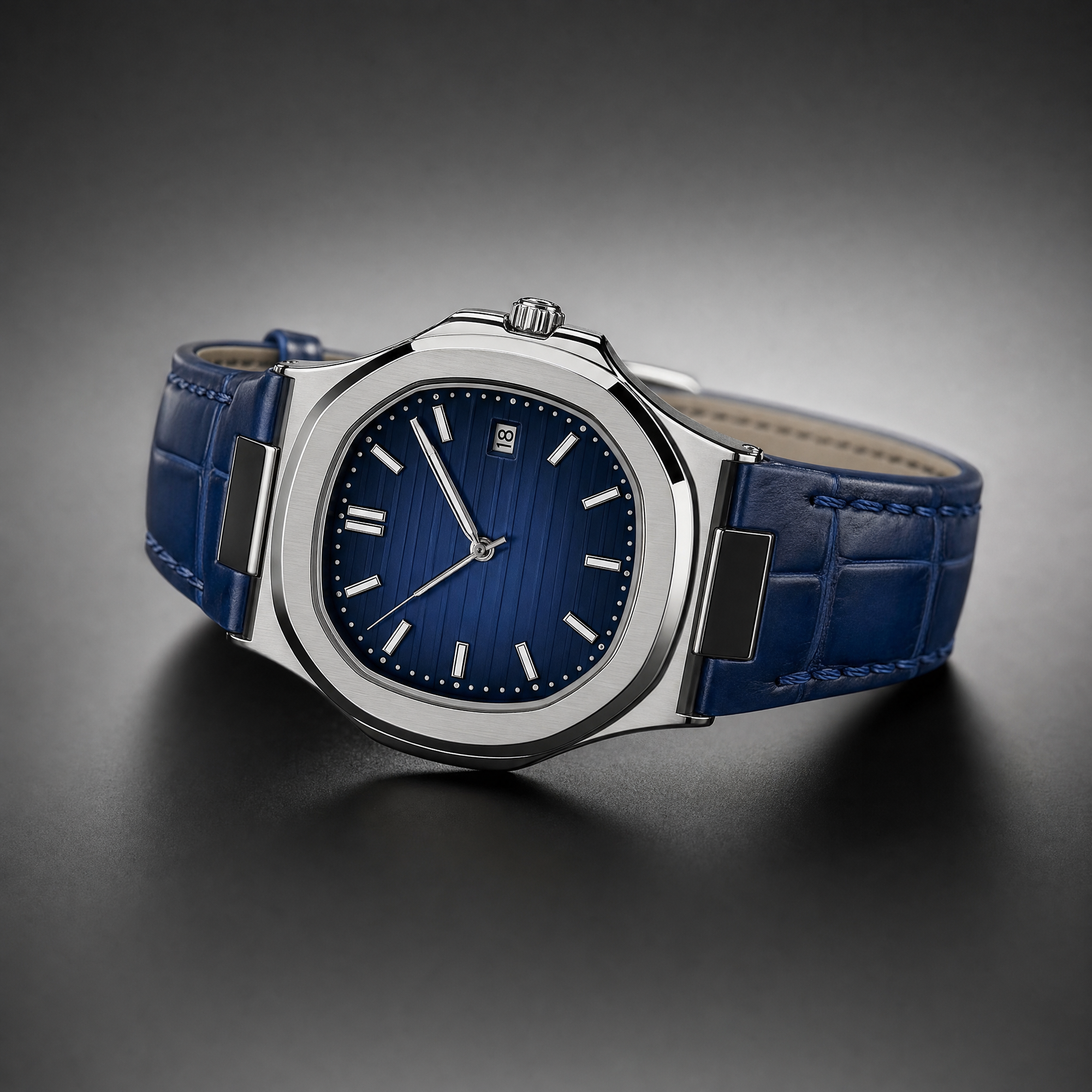 Blue Dial Men's Quartz Leather Strap Watch – Silver Stainless Steel Case