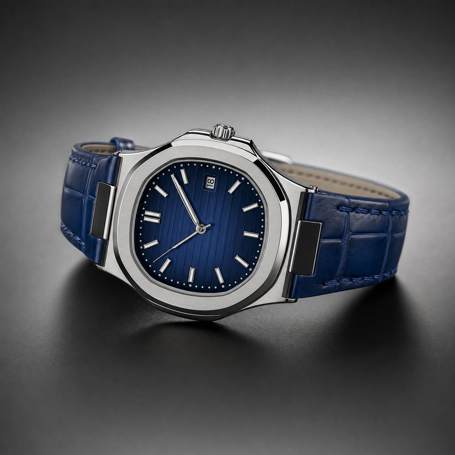Blue Dial Men's Quartz Leather Strap Watch – Silver Stainless Steel Case