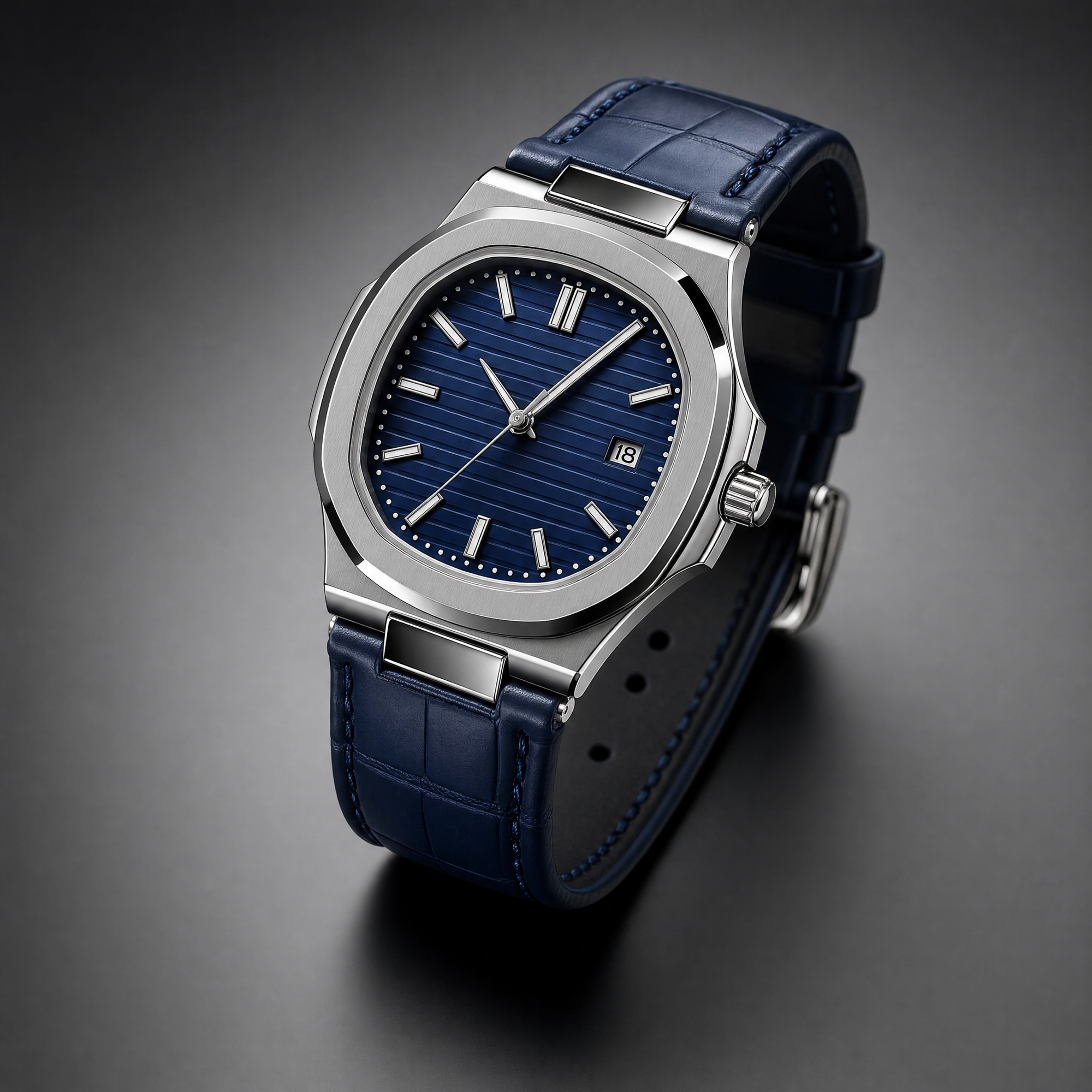 Blue Dial Men's Quartz Leather Strap Watch – Silver Stainless Steel Case