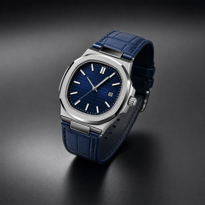Blue Dial Men's Quartz Leather Strap Watch – Silver Stainless Steel Case