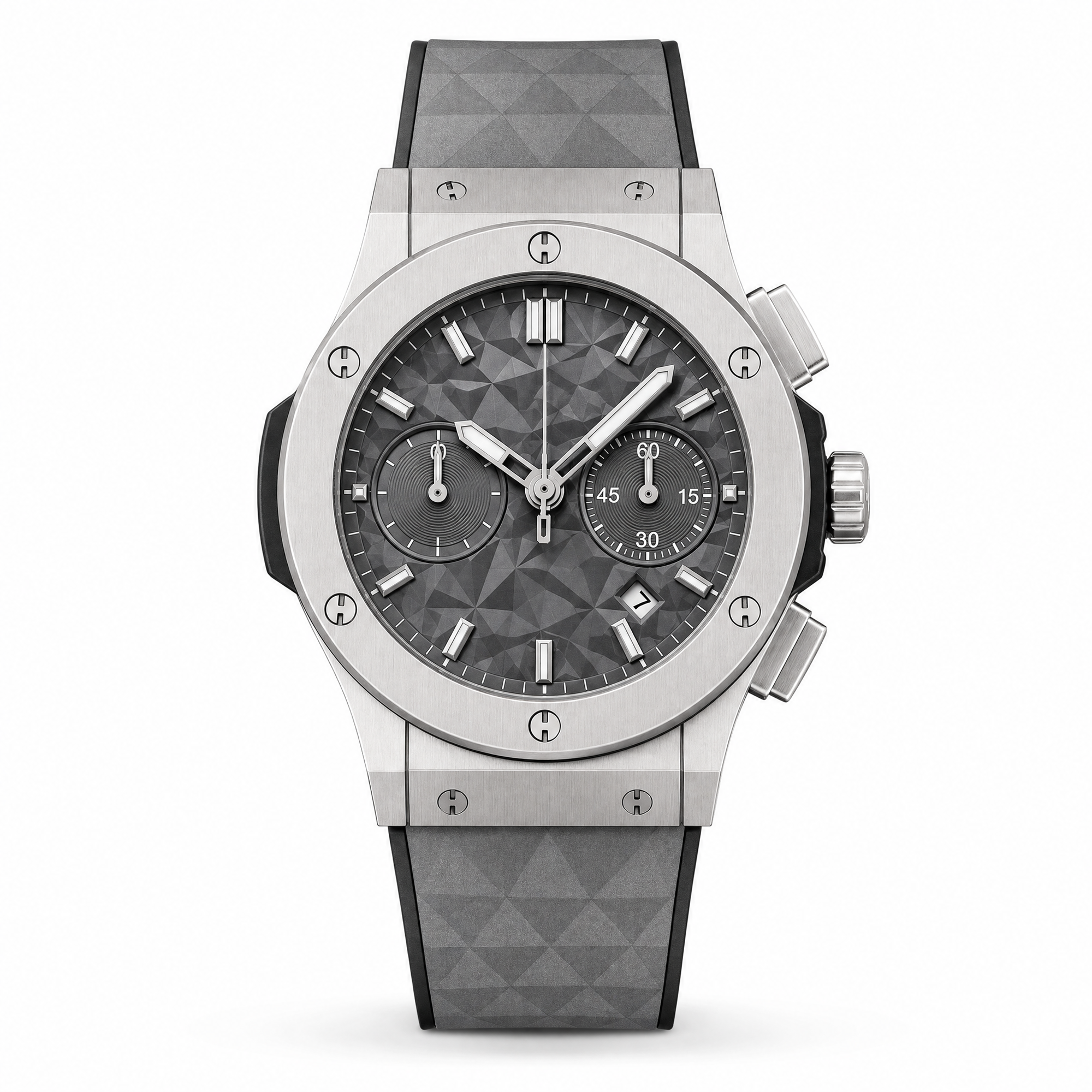 Classic Silver Chronograph Watch – White Textured Dial & Grey Rubber Strap