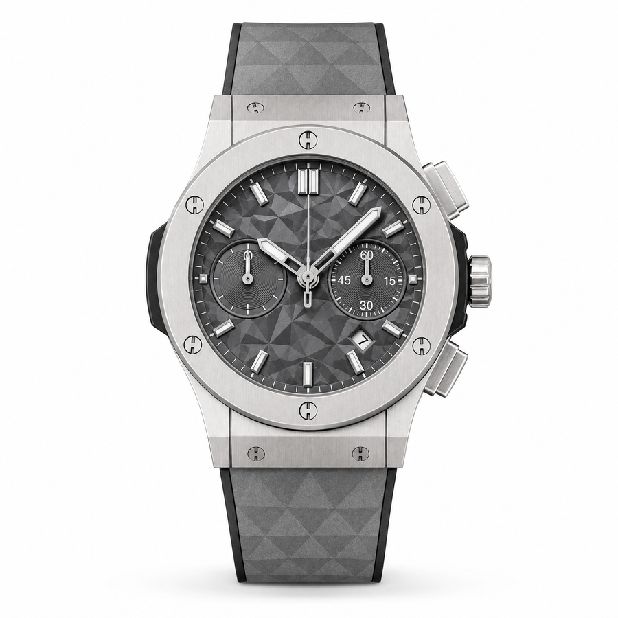 Classic Silver Chronograph Watch – White Textured Dial & Grey Rubber Strap