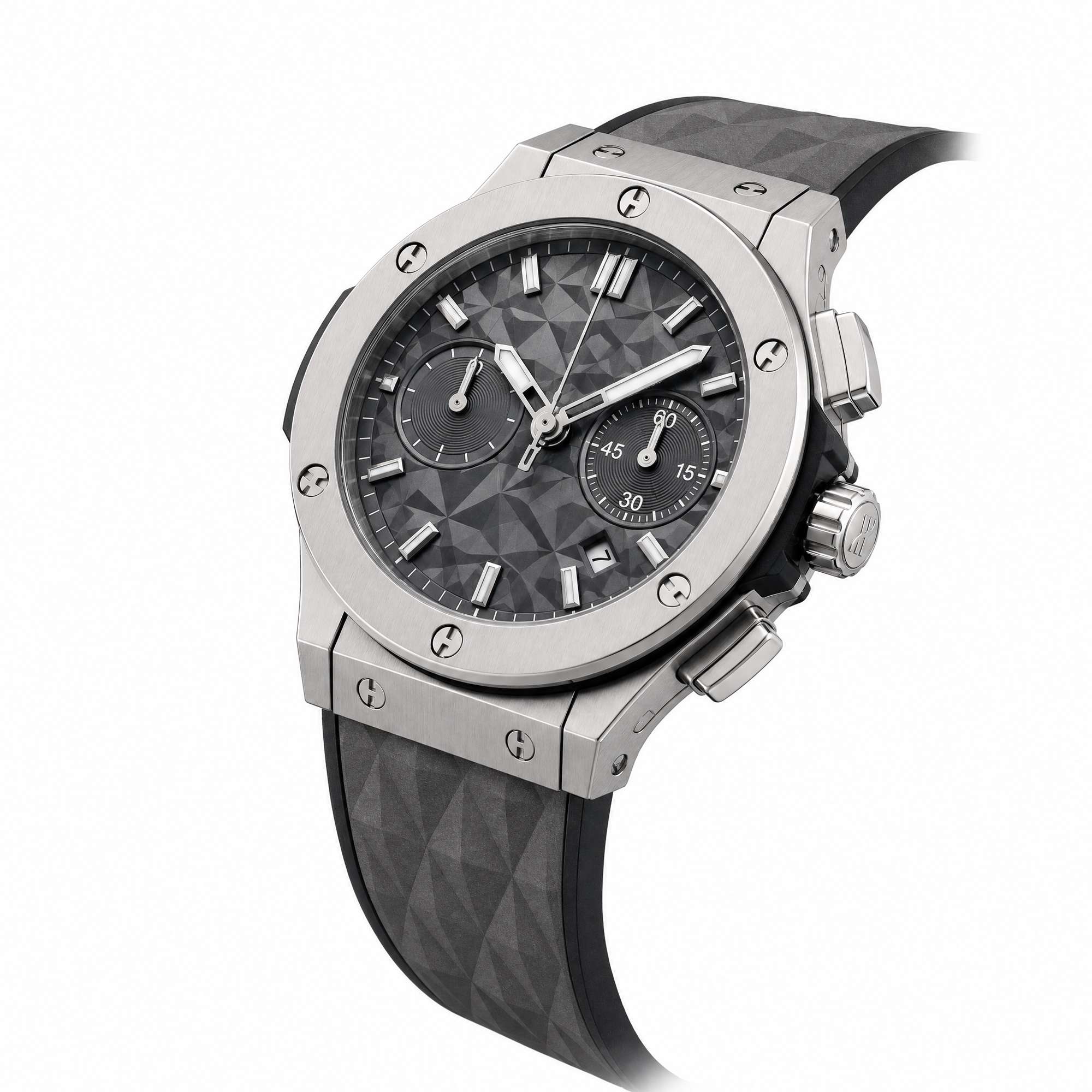 Classic Silver Chronograph Watch – White Textured Dial & Grey Rubber Strap