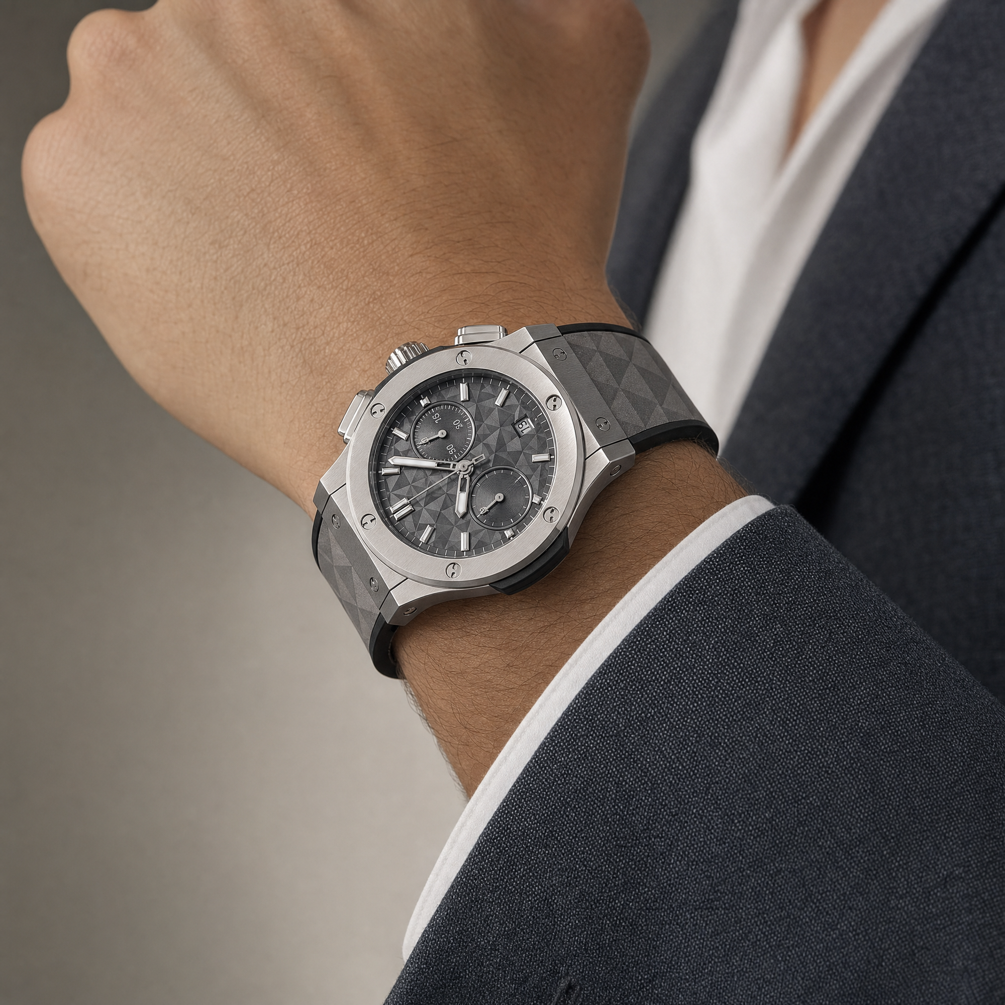 Classic Silver Chronograph Watch – White Textured Dial & Grey Rubber Strap