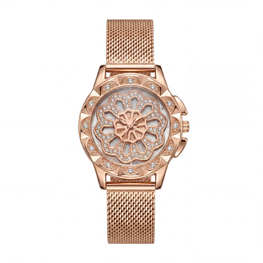 Rose Gold Floral Dial Watch for Women