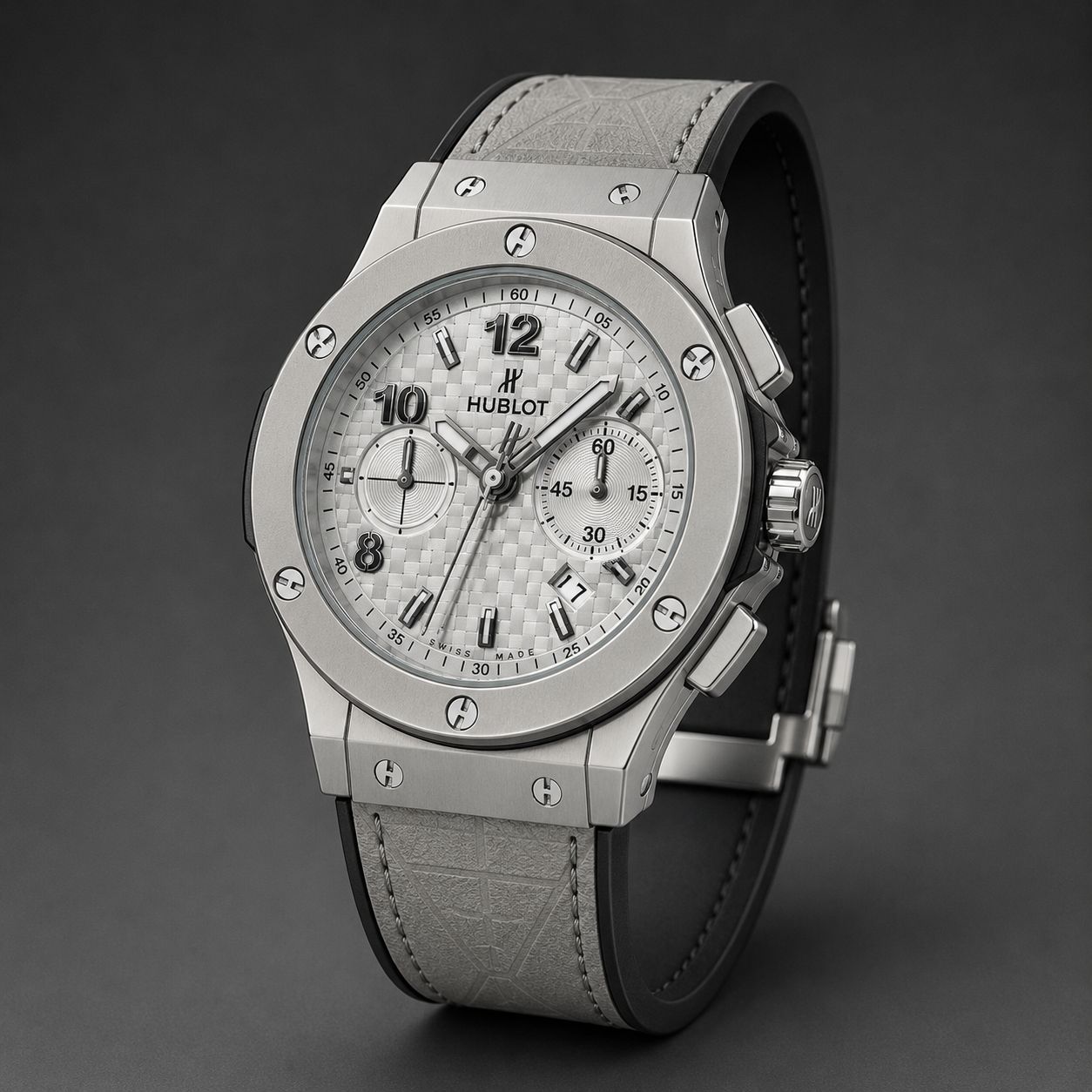 Classic Silver Chronograph Watch – White Textured Dial & Grey Rubber Strap