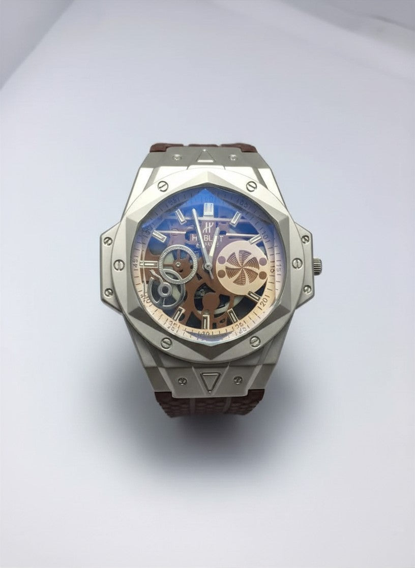 Men's Modern Skeletonized Watch Brown Strap 6mm