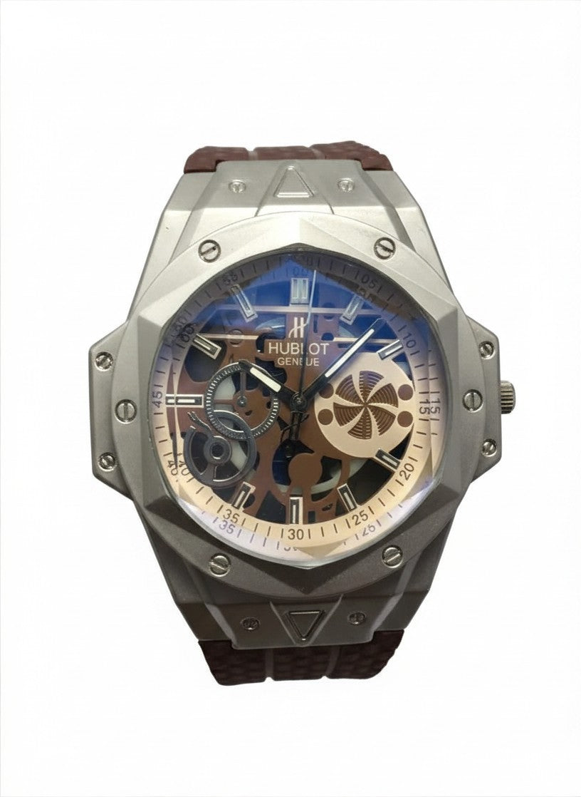 Men's Modern Skeletonized Watch Brown Strap 6mm